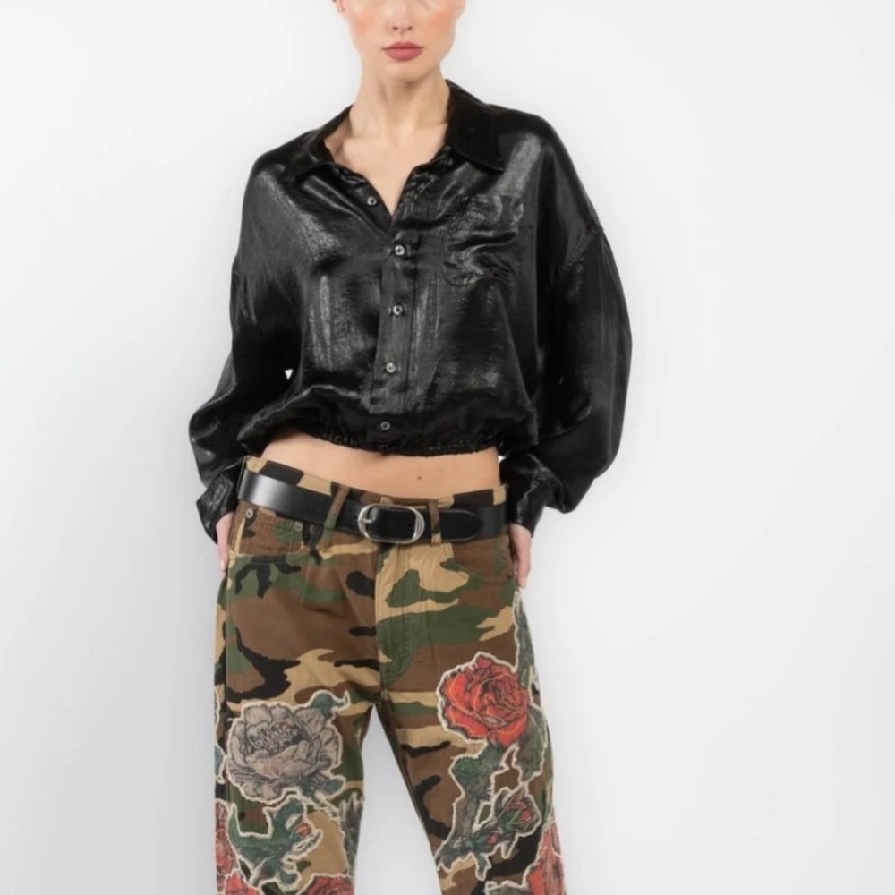 R13 Crossover Bubble Shirt XS Black Crinkled Cropped Button Up R13WR269-R474B